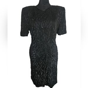 Vintage Laurence Kazar Silk Black Sequined & Beaded Midi Evening Dress Size L